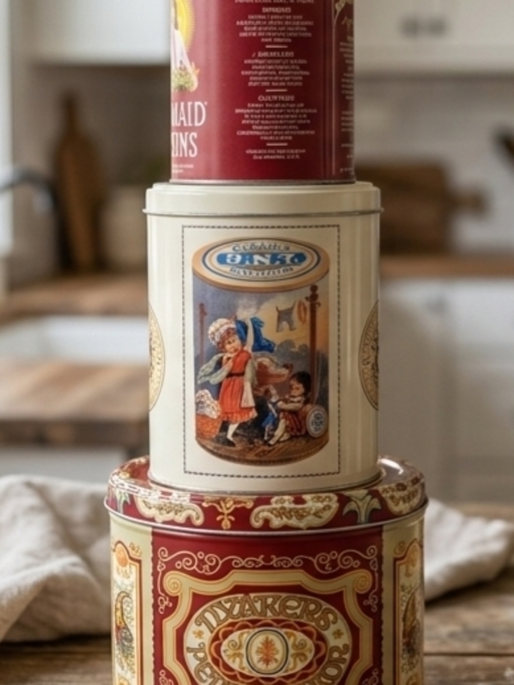 Vintage Cream and Red Decorative Tin Stack - Vintage